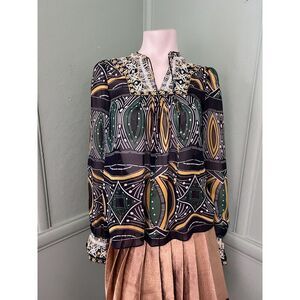 NIeves Lavi Stunning Sheer Silk Tunic W/ Intricate Beading & Original Pattern XS